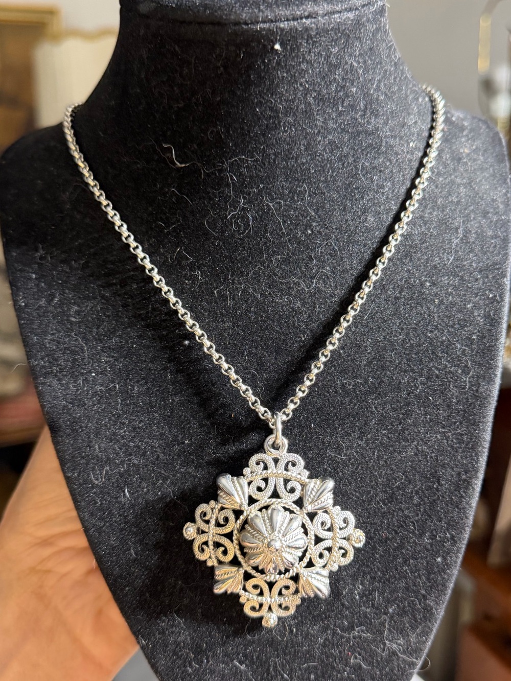 Vintage 1950s Crown Trifari Silver Tone Etruscan Revival Pendant Necklace